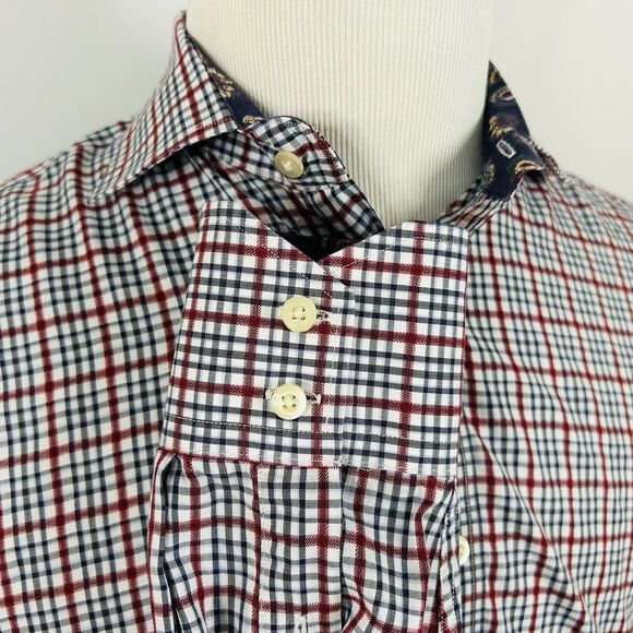 Thomas Dean Large Casual Shirt Paisley Flip Cuffs Red White Blue Plaid Cotton - Picture 4 of 5